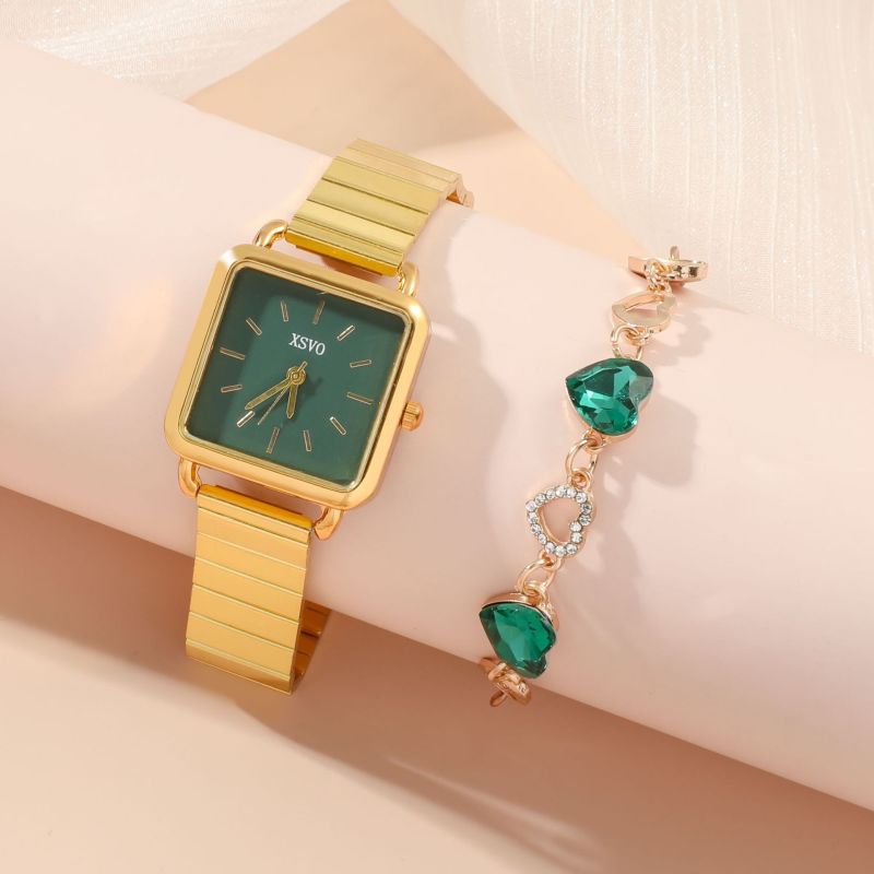 Women's Watch small green watch steel belt quartz watch ring Gift Set boxed