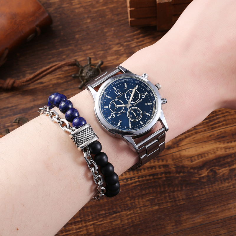 2pcs/set watch bracelet set men's fashion creative fake Three-eye steel belt quartz watch bracelet in stock