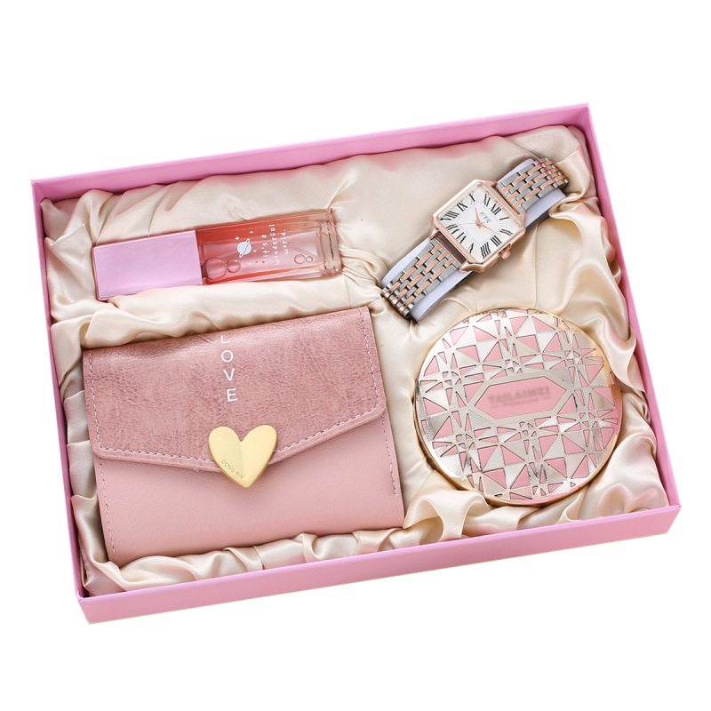 Watch women's Gift Set watch perfume wallet cosmetic mirror festival gift watch pink suit peach heart