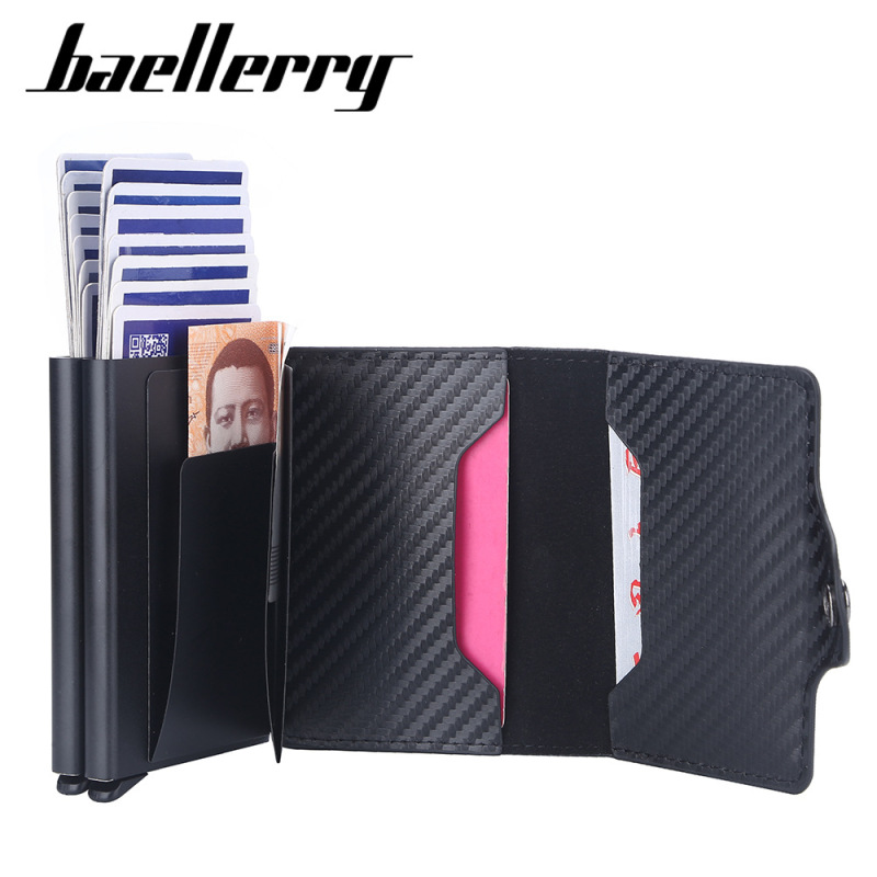 RFID automatic pinball card LOGO-free men's short card holder double-layer carbon fiber anti-theft card holder magnetic snap card sleeve