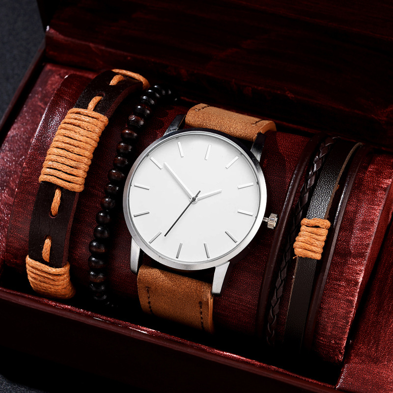 Men's Watch business quartz watch set beaded bracelet lace leather bracelet