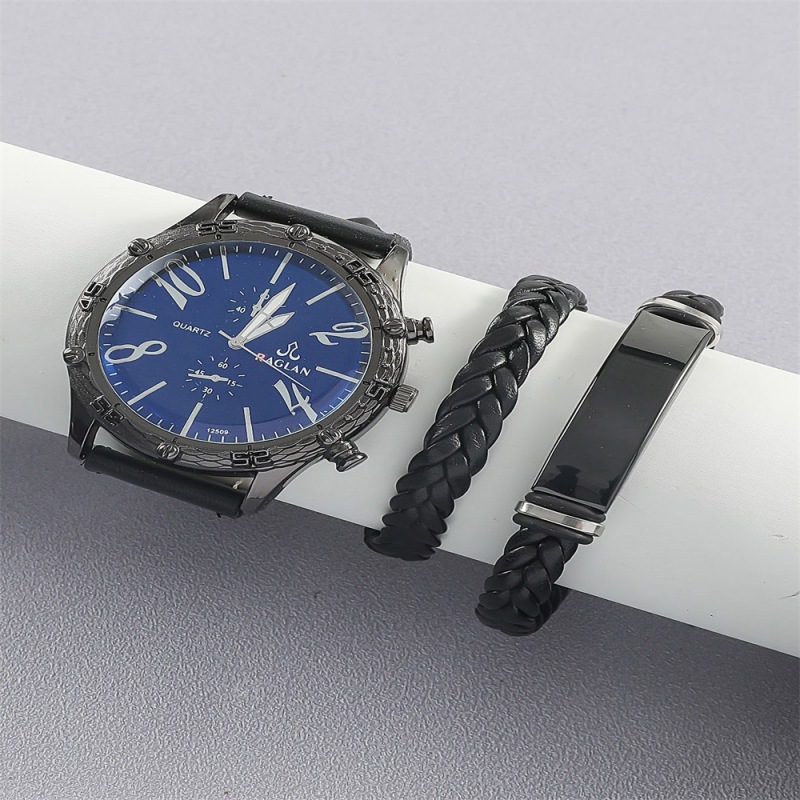 Men's Watch creative round large dial decoration men's quartz watch twist weave titanium steel braided bracelets