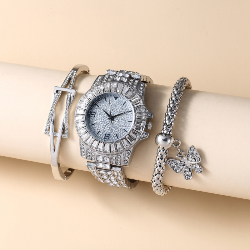 Women's Business graceful personality personality diamond stud steel belt quartz watch personalized bracelet bracelet (3pcs/set)