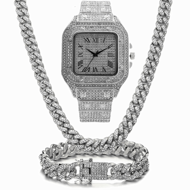 Cross-border affordable luxury fashion square diamond full diamond Roman grain scale quartz watch set 3pcs/set