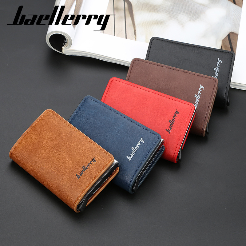 baellerry cross-border hot selling automatic elastic metal aluminum case RFID anti-magnetic anti-theft card swiping bag spot pu wallet