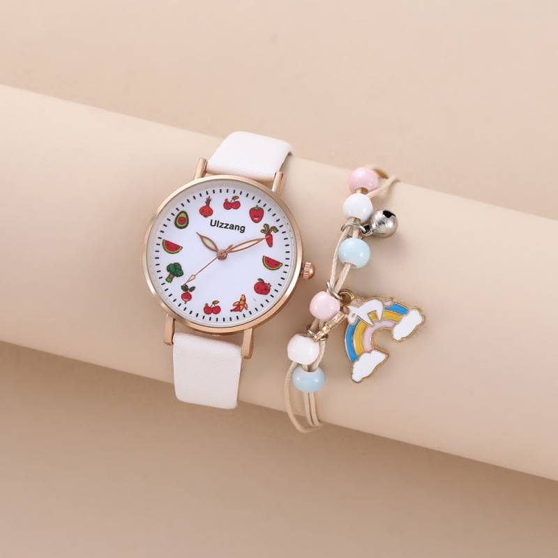 Cute cartoon fruit dial children's leather belt quartz watch bracelet (2pcs/set)