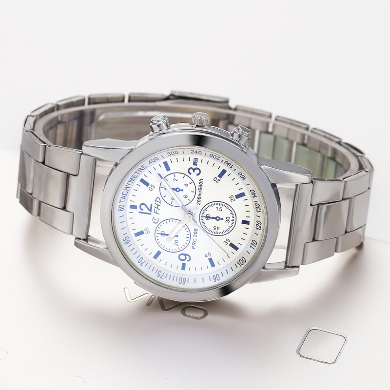 Men's fashion trendy simple blue light three-eye steel watch all-match quartz watch wrist watch in stock