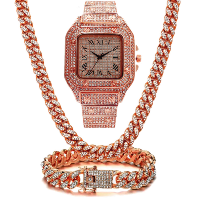 Cross-border affordable luxury fashion square diamond full diamond Roman grain scale quartz watch set 3pcs/set