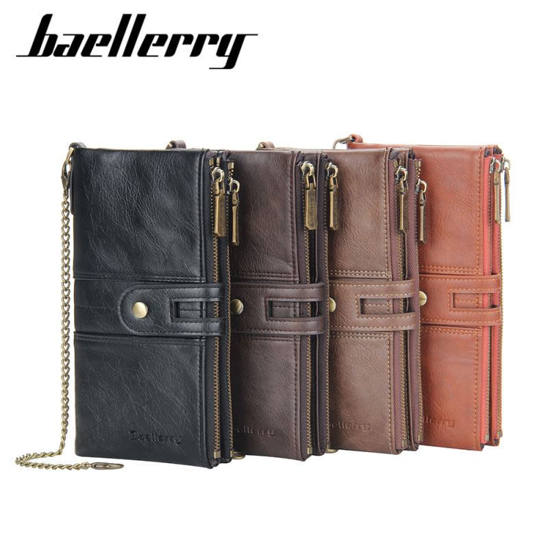 baellerry new men's long wallet anti-theft carrying strap double zipper coin purse multiple card slots wallet wallet