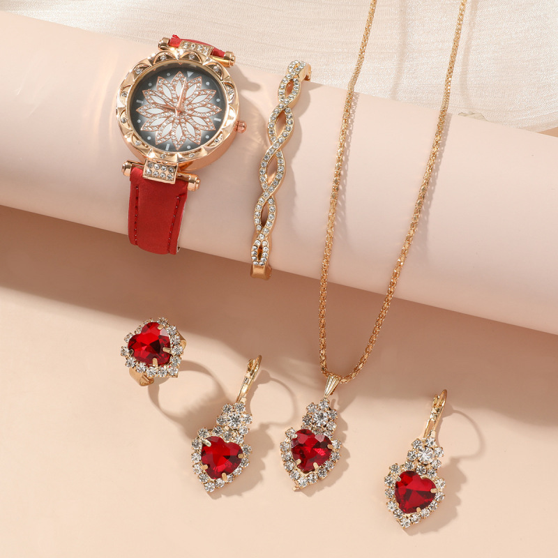 Lady temperament exquisite creative gift set quartz watch bracelet ring eardrop necklace 5pcs/set