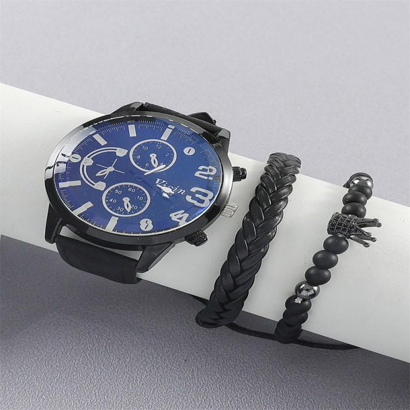 Men's Watch fashion fake Three-eye quartz watch crown beaded bracelet twist weave bracelet 3-piece set