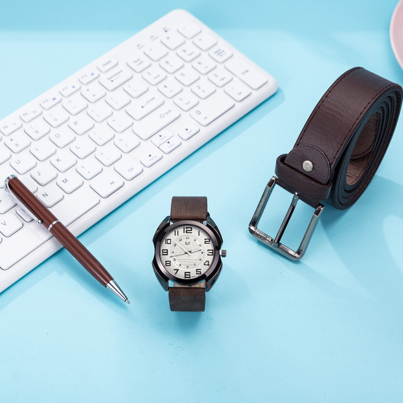 3pcs/set boutique gift set Belt large dial quartz watch pen best choice for gifts factory direct sales