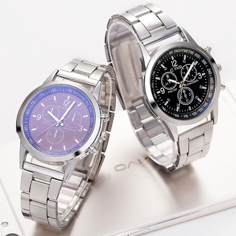 Men's fashion trendy simple blue light three-eye steel watch all-match quartz watch wrist watch in stock