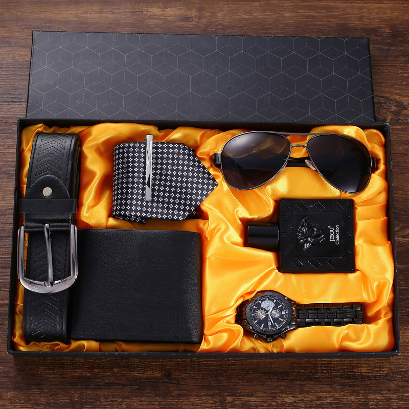 Creative Gift wallet stainless steel band waterproof watch sunglasses belt tie perfume (6pcs/set)