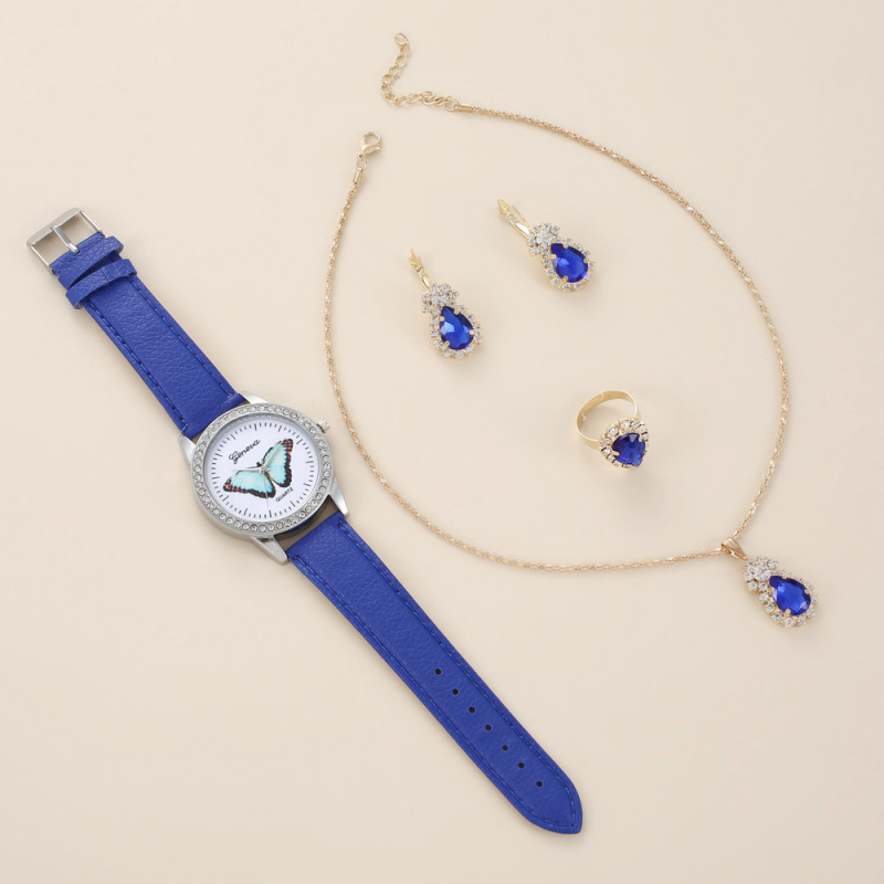 Women's Watch fashion casual Diamond Blue butterfly plate bottom quartz watch Sapphire Necklace ring earrings