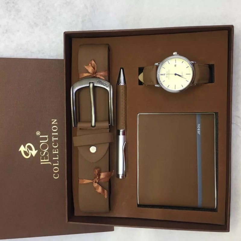 4pcs/set boutique gift set wallet belt large dial quartz watch pen wrist watch