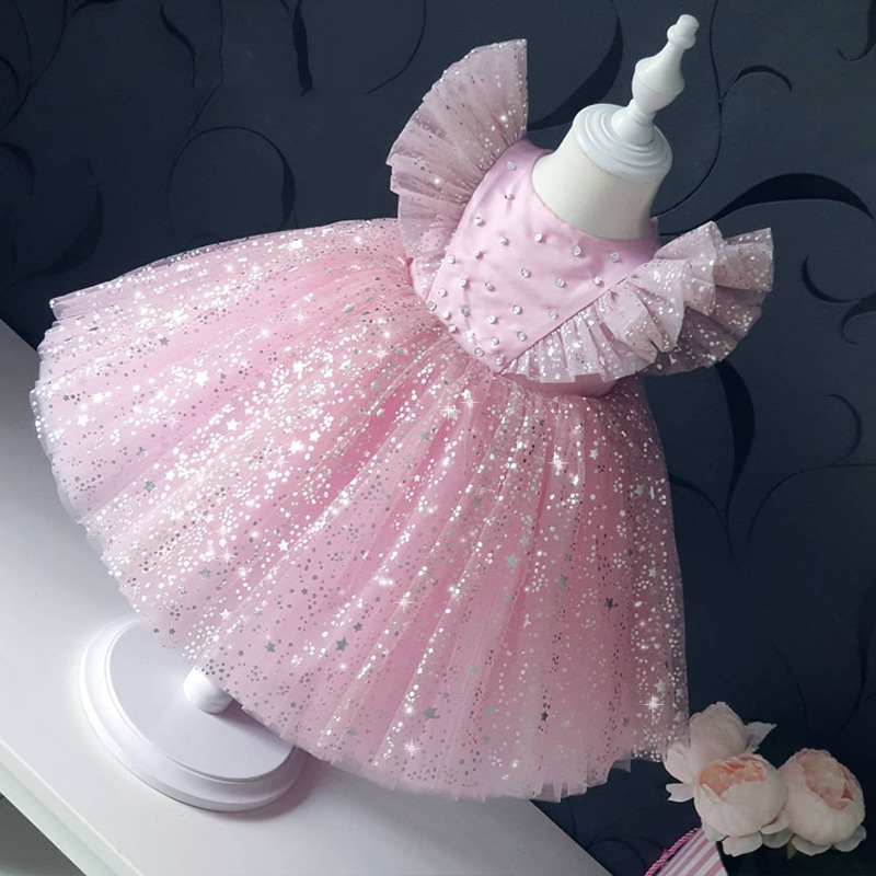 Foreign trade popular style children princess gown dress flounced sleeve baby full-year performance wear skirt panel pressing mesh bubble skirt