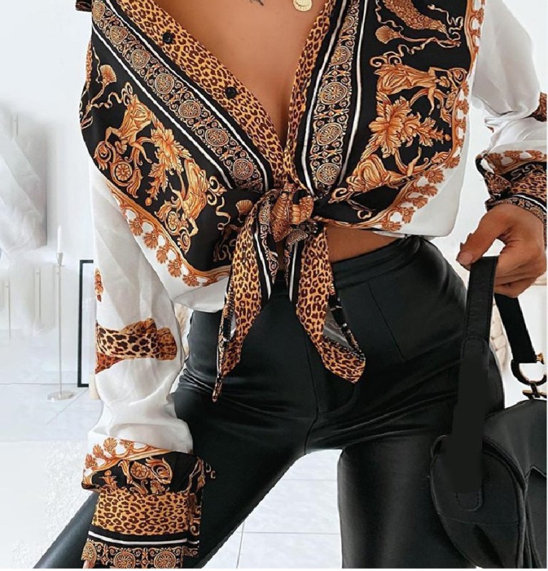 Q5621 Amazon AliExpress popular European and American new women's clothes long sleeve white baroque leopard-print shirt