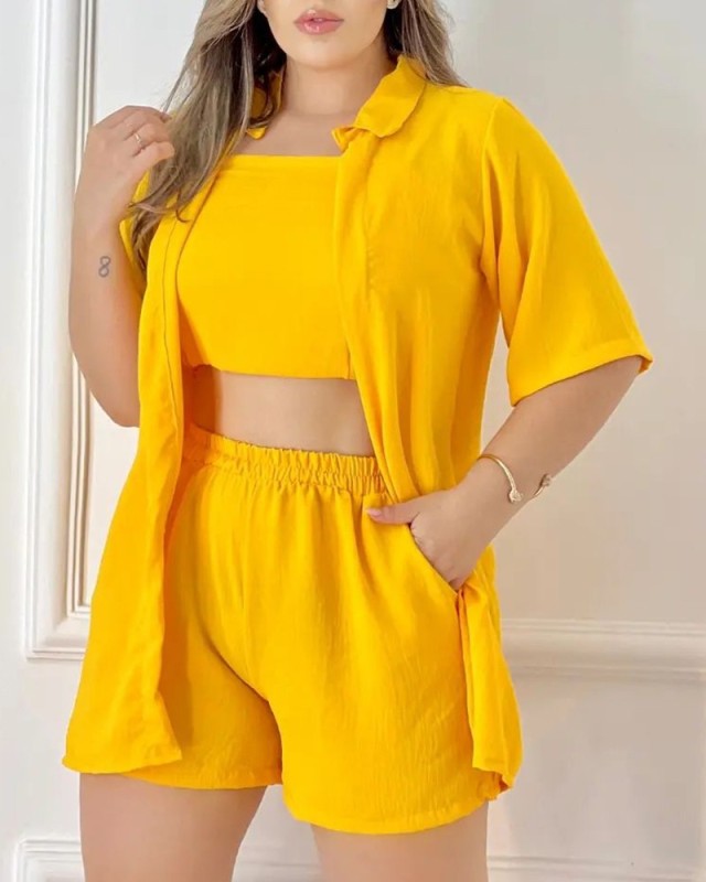 T9022 Europe and America cross border Amazon AliExpress independent station new fashion solid color coat wrapped chest shorts 3-piece set