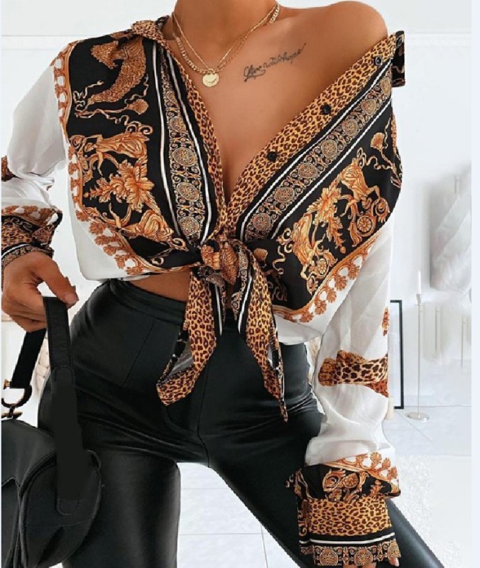 Q5621 Amazon AliExpress popular European and American new women's clothes long sleeve white baroque leopard-print shirt