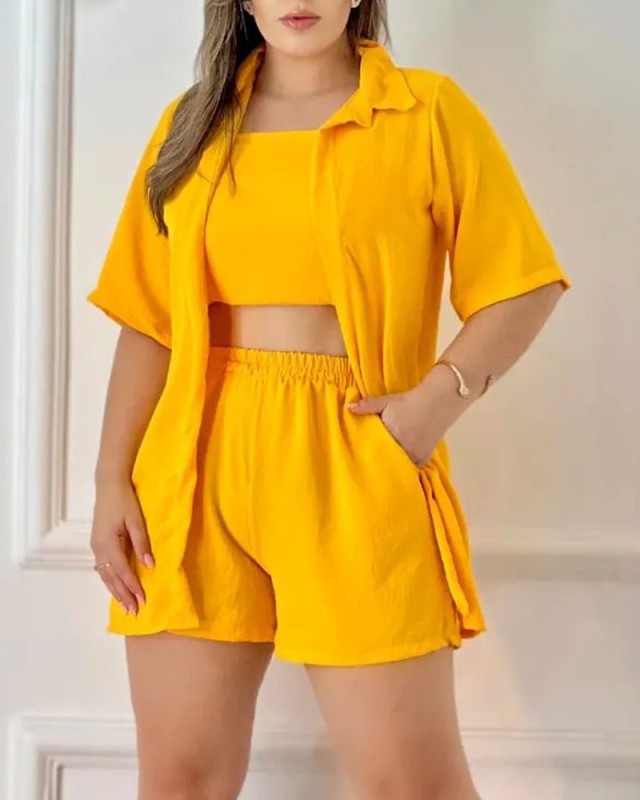T9022 Europe and America cross border Amazon AliExpress independent station new fashion solid color coat wrapped chest shorts 3-piece set