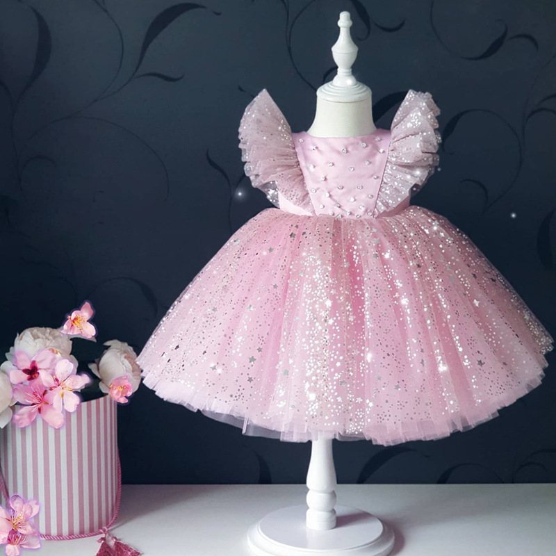Foreign trade popular style children princess gown dress flounced sleeve baby full-year performance wear skirt panel pressing mesh bubble skirt