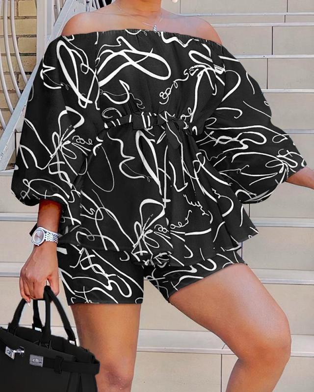 Summer new Amazon AliExpress Europe and America cross border fashion casual off-shoulder printed black suit