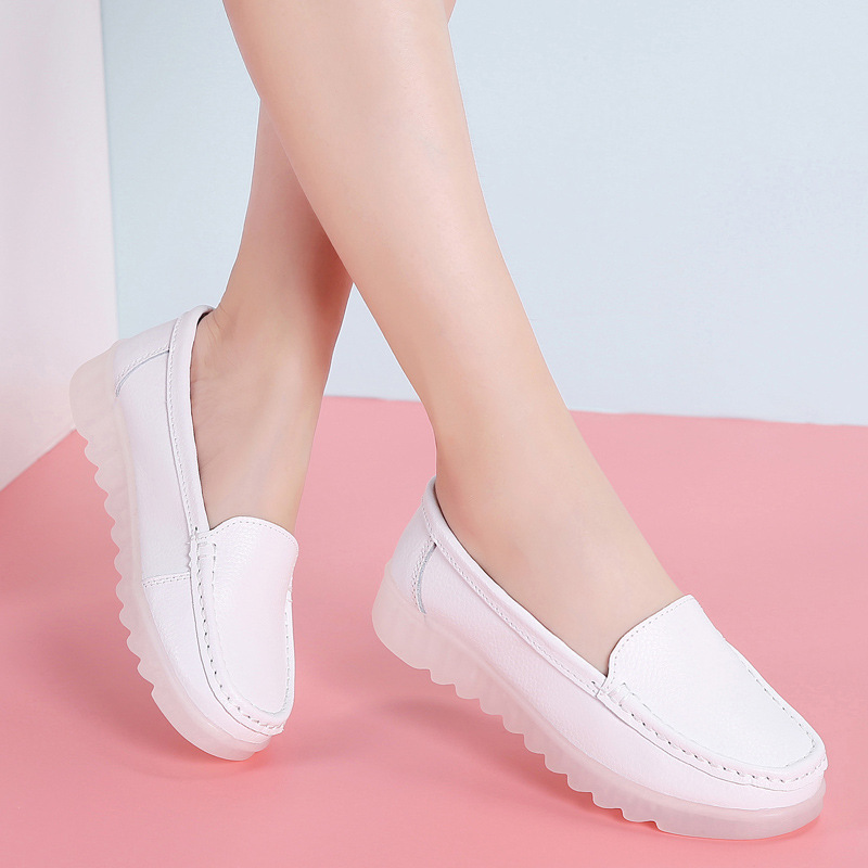 White nurses' shoes women's soft bottom summer hollow-out cowhide summer flat Korean style work wedge hollow-out