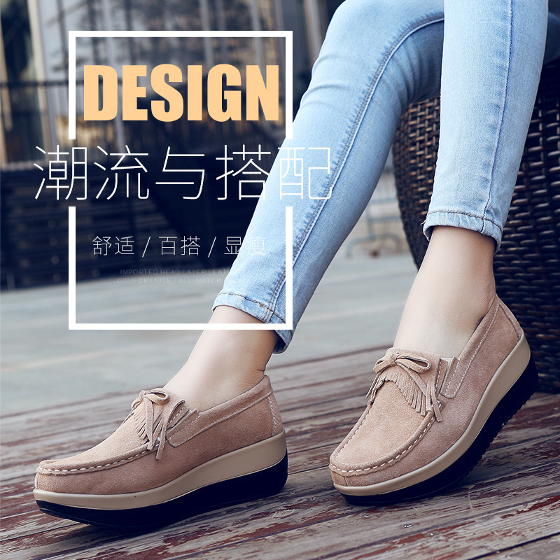 Korean style casual women's rocking shoes cowhide platform mom shoes soft bottom wedge women's shoes wholesale peas shoes