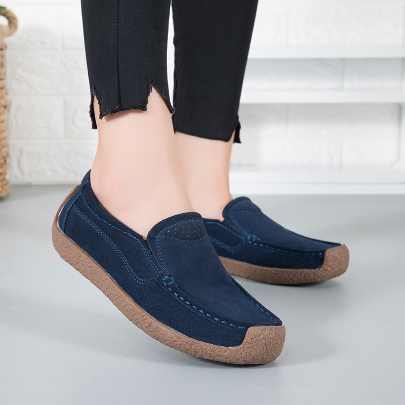 Spring and Autumn women's shoes slip-on lazy girl casual shoes suede leather women's shoes cowhide thick heel low-top shoes
