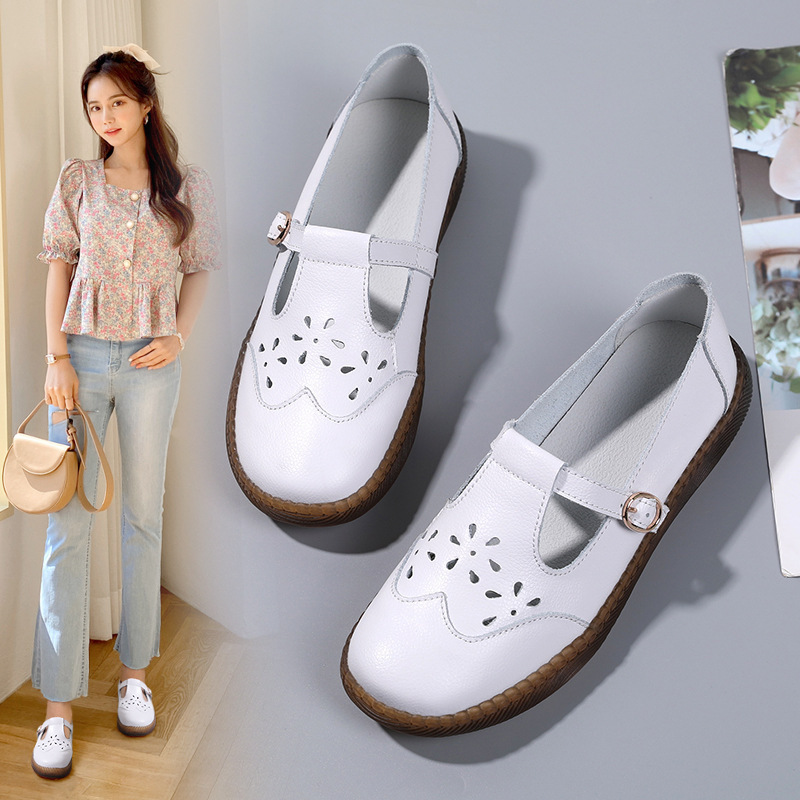 Women's Flat heel hollow-out pumps autumn slip-on Gommino flat buckle all-match white shoes soft bottom nurse work shoes