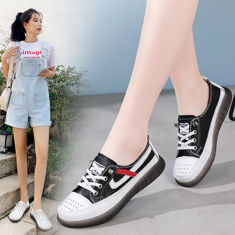 Spring and Summer new women's white shoes casual flat student skateboard shoes cowhide breathable flat shoes