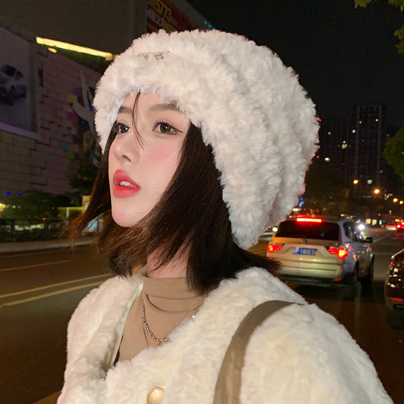 Winter hat Douyin online influencer plush bonnet women's thickened pile heap cap trendy cold hat versatile knitted woolen cap 9973