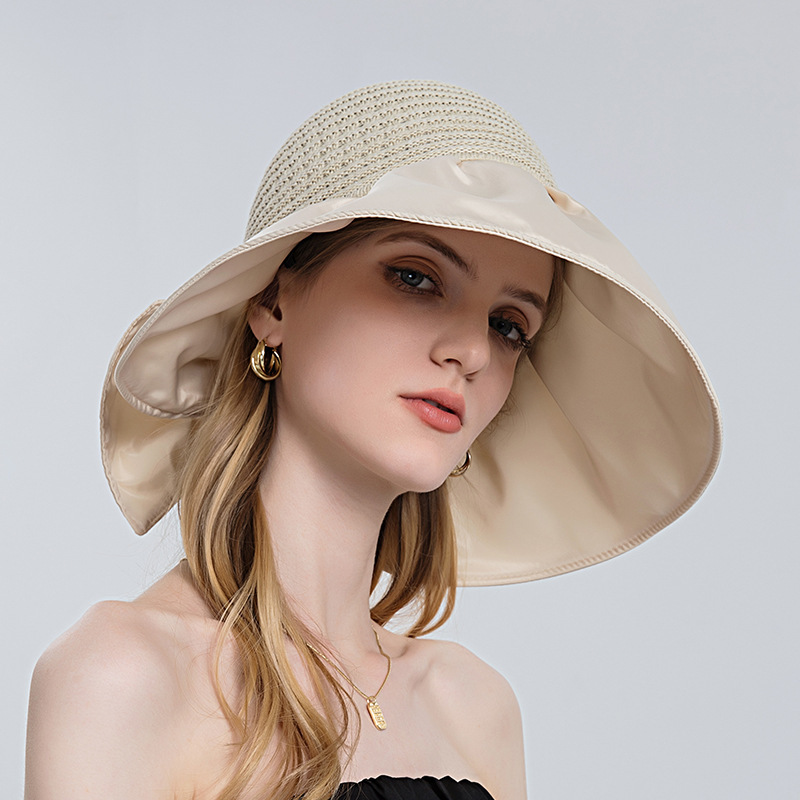 8127 bucket hat women's summer big brim bow knitted Air Top Hat sun-proof face cover travel sun hat