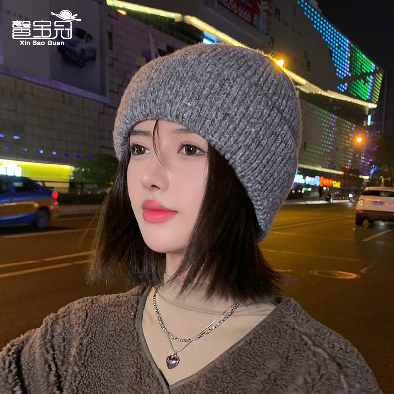 9963 winter New Korean style two-color knitted woolen cap women's fashion all-match thick warm Earflaps slipover hat
