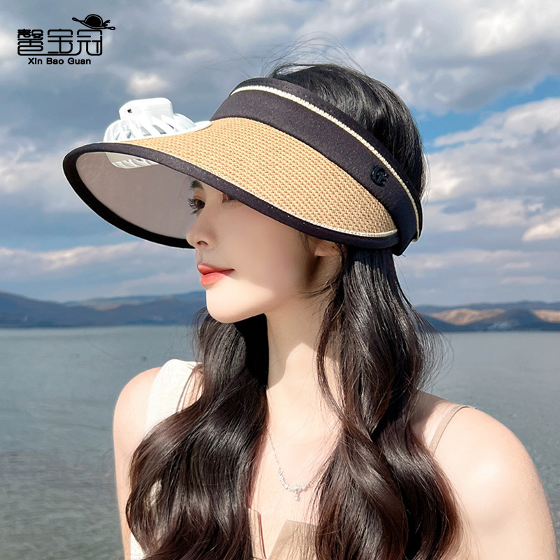 8253 summer straw woven hatband fan topless hat outdoor sports sunhat children's foldable sun hat