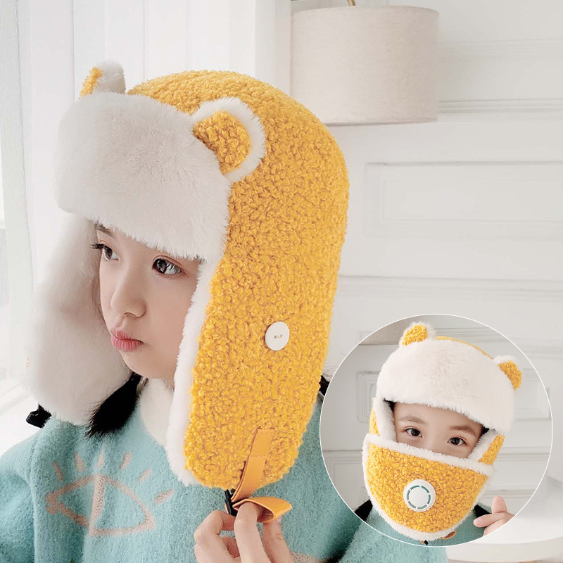 9809 Korean style children's cartoon strap breathing valve of mask Ushanka winter boys and girls ski windproof warm hat