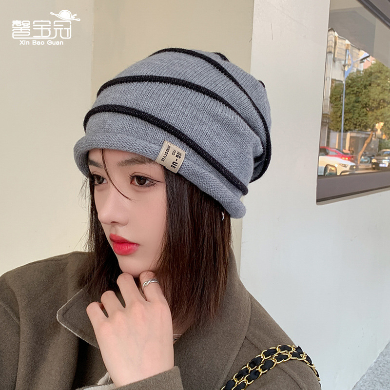 9947 striped curling pile heap cap autumn winter hat women's all-match knitted woolen cap ear protection cold-proof pullover beanie hat