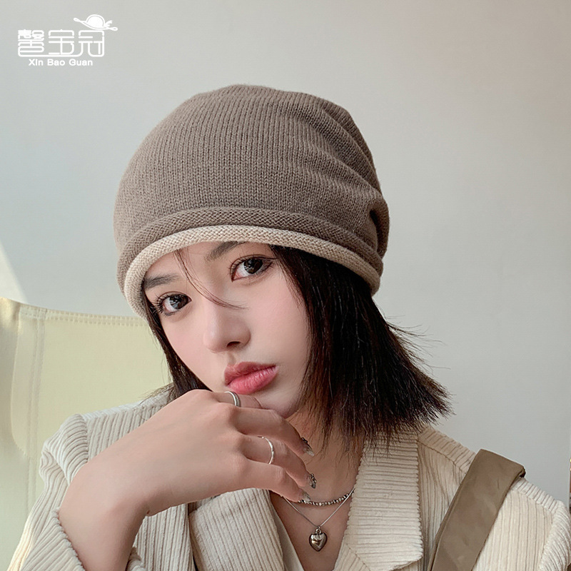 8164 fall winter fashion slipover knitted hat warm Earflaps cap children's face slimming confinement cap big head circumference pile heap cap