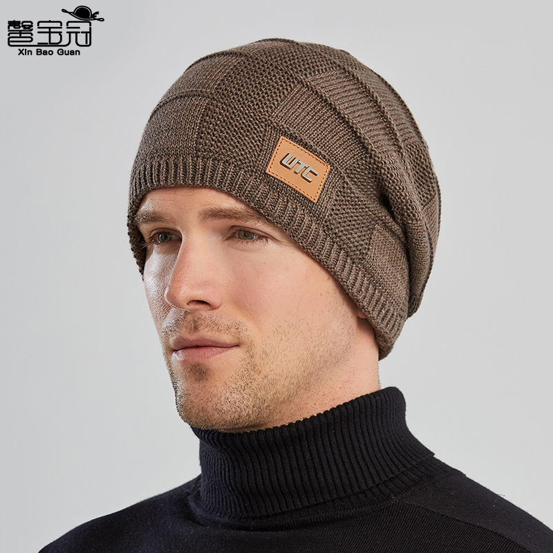 9104 hat Korean style knitted outdoor hat winter fleece-lined warm metal small icon sleeve cap men's woolen cap tide