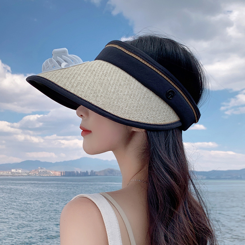 8253 summer straw woven hatband fan topless hat outdoor sports sunhat children's foldable sun hat