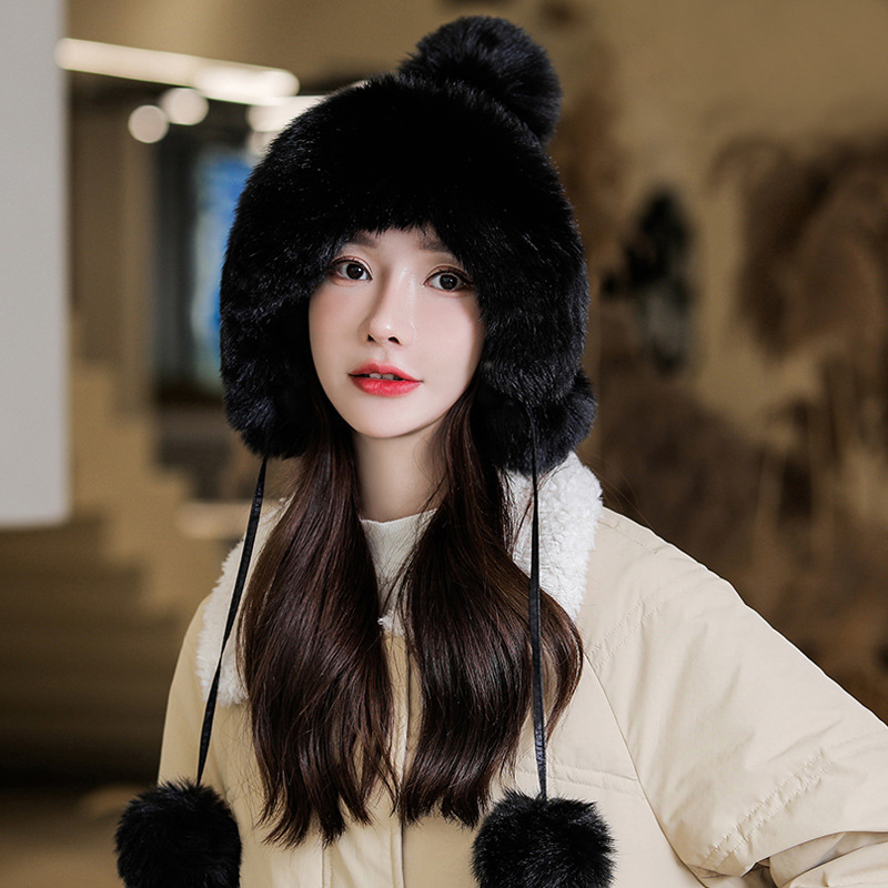9705 new Korean style women's ushanka cold protection in winter warm fur ball sleeve cap plush windproof Earflaps hat
