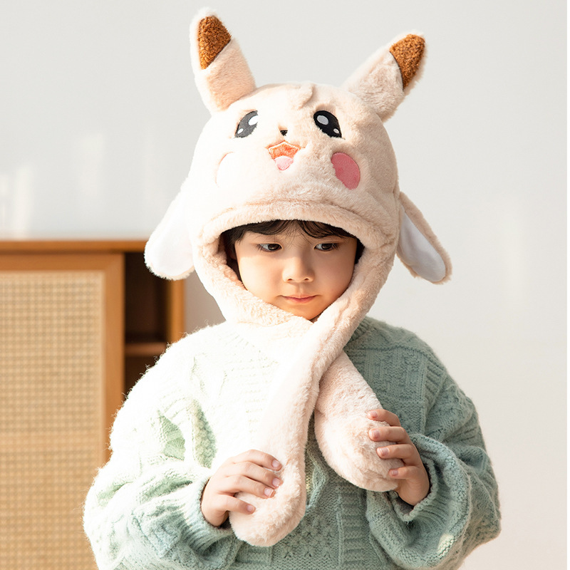 2115 Winter Children's hat ears moving scarf integrated with hat thickened Earflaps men's and women's baby cartoon sleeve cap