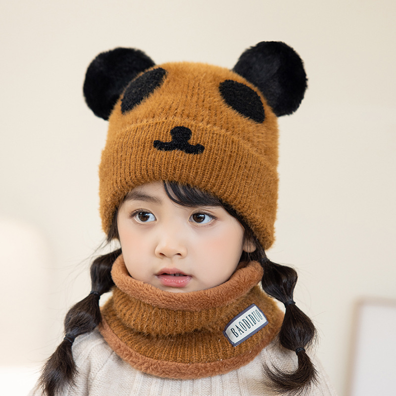 2128 new cartoon children's hat boys and girls sleeve cap winter neck warmer suit ear protection knitting woolen cap