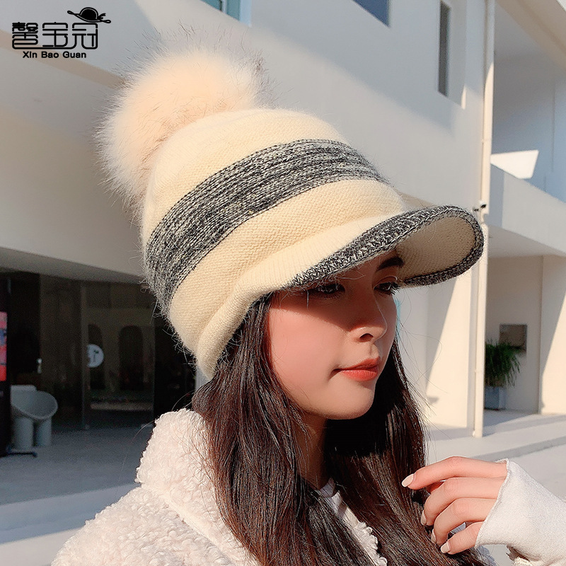 9870 autumn and winter New pure color rabbit fur warm ear protection knitted hat Korean style trendy casual baseball cap Women's hat