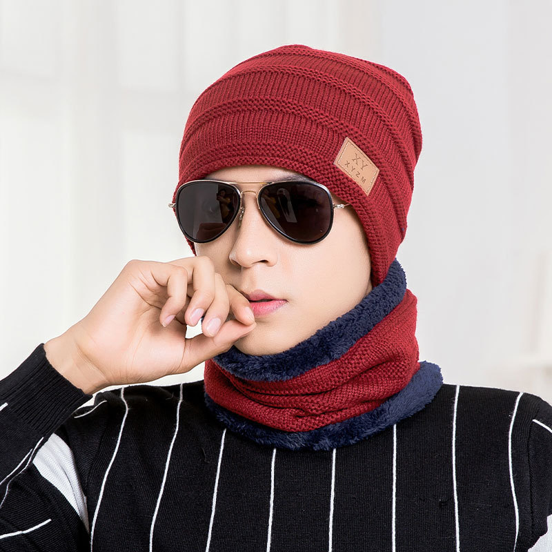 9502 winter hat sleeve cap scarf set fleece-lined thickened woolen cap men's Korean autumn and winter men's knitted hat