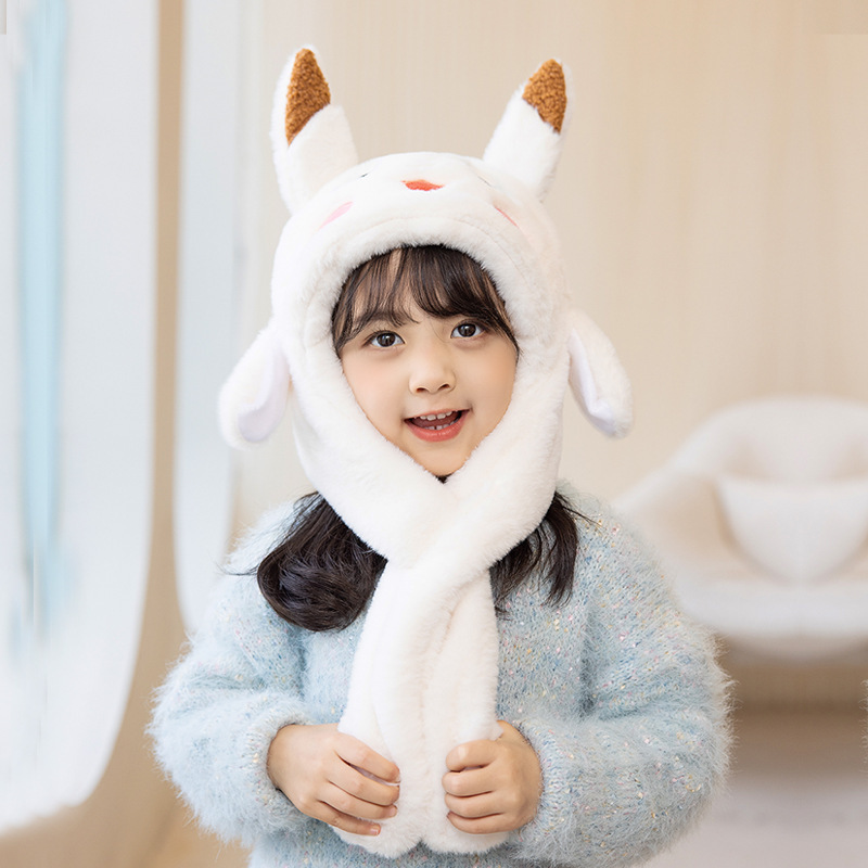 2115 Winter Children's hat ears moving scarf integrated with hat thickened Earflaps men's and women's baby cartoon sleeve cap