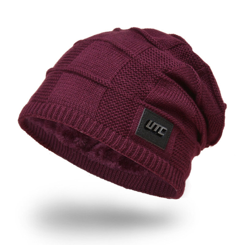 9104 hat Korean style knitted outdoor hat winter fleece-lined warm metal small icon sleeve cap men's woolen cap tide