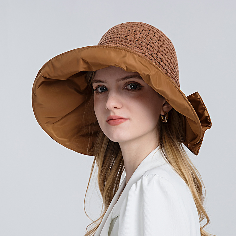 8127 bucket hat women's summer big brim bow knitted Air Top Hat sun-proof face cover travel sun hat