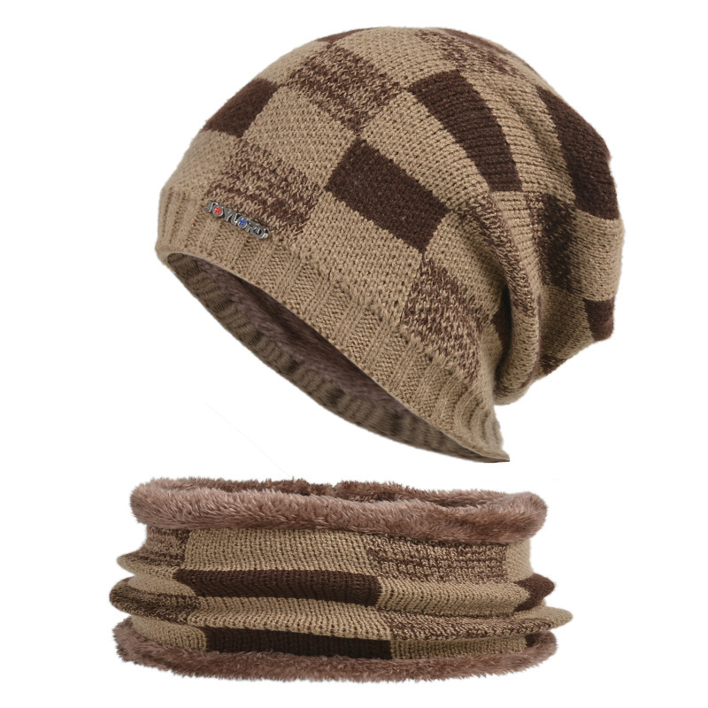 9114 winter hat sleeve cap scarf set fleece-lined thickened woolen cap men's European and American Fall Winter men knitted hat